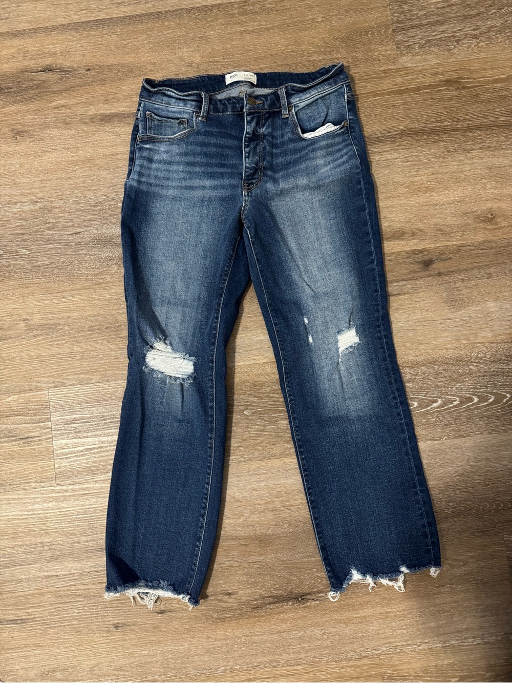 BKE Women's Dark Blue Distressed Straight-Leg Jeans